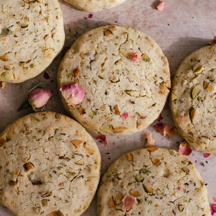featured rose water pistachio shortbread cookies