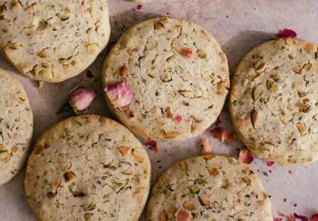 featured rose water pistachio shortbread cookies