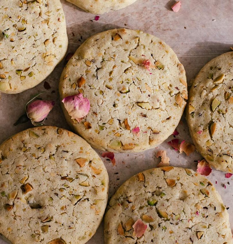 featured rose water pistachio shortbread cookies