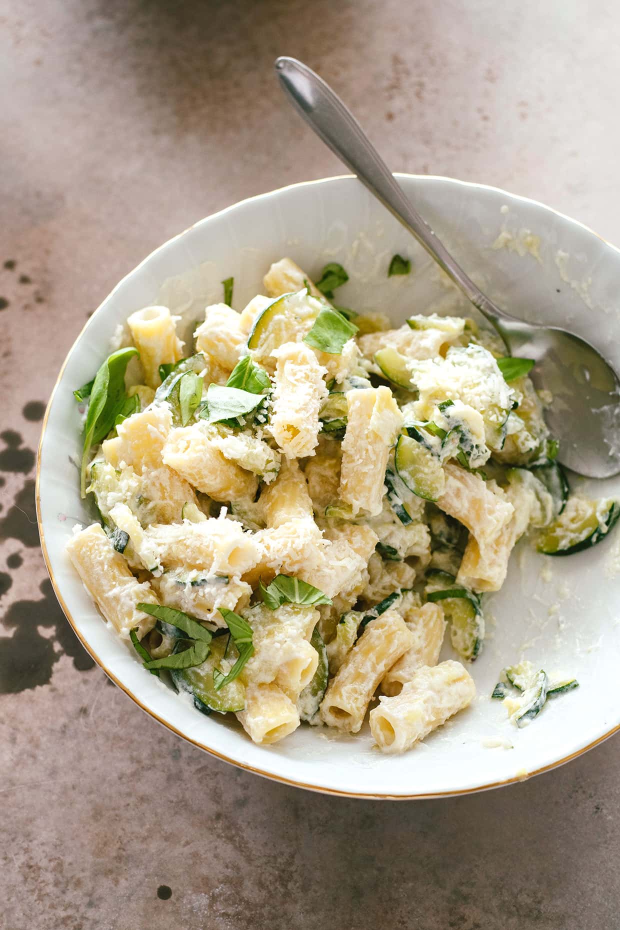 large serving bowl with Lemon ricotta zucchini pasta