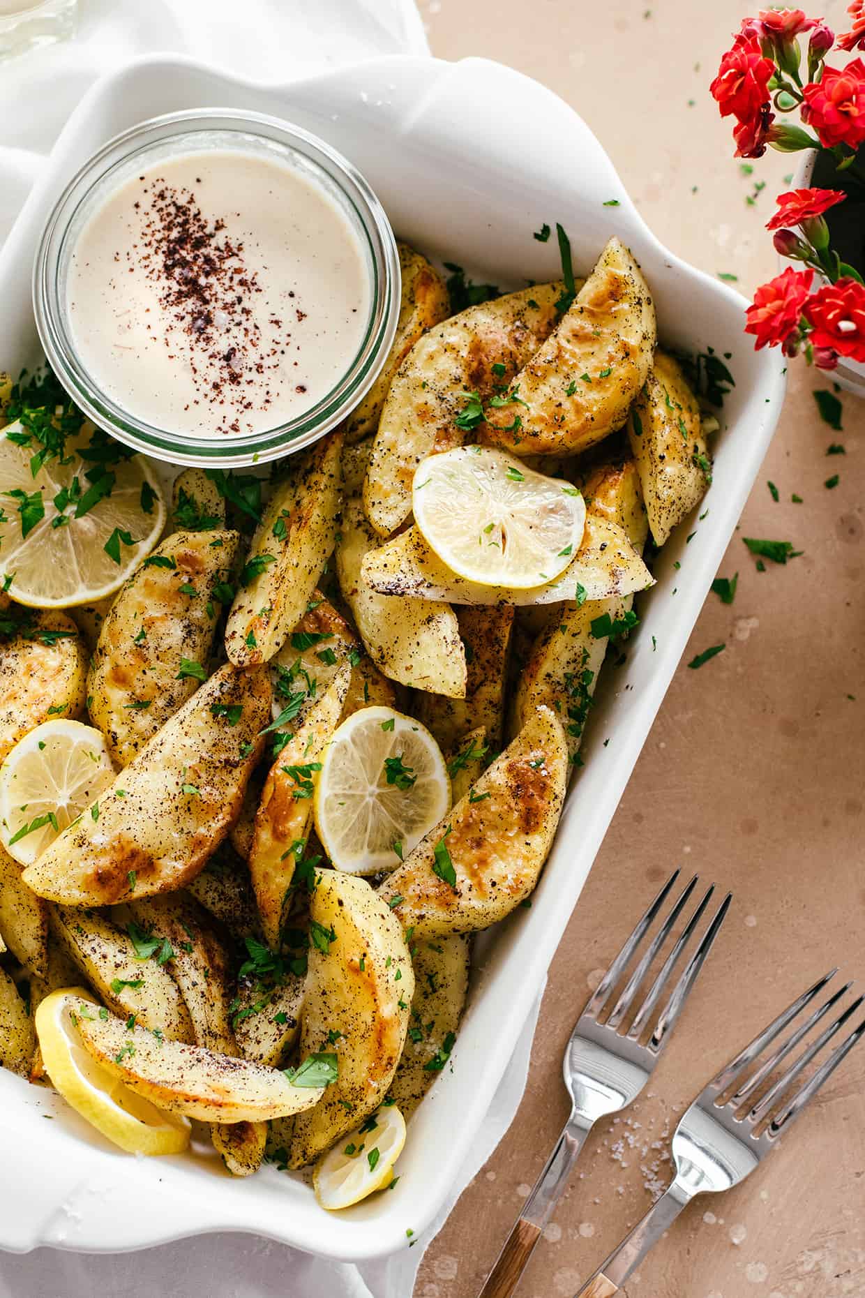 Sumac roasted potatoes with tahini dipping sauce