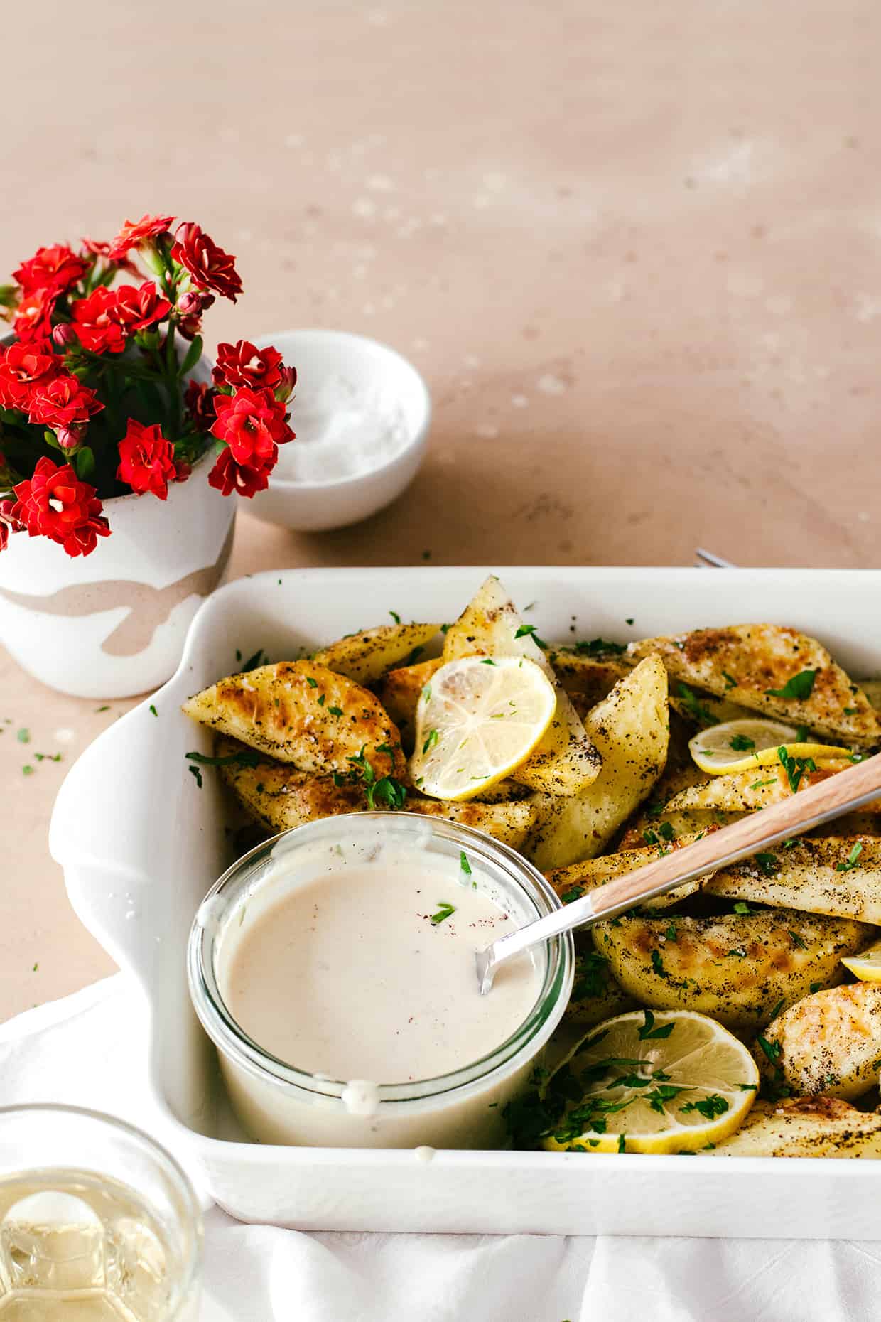 Sumac roasted potatoes with tahini dipping sauce