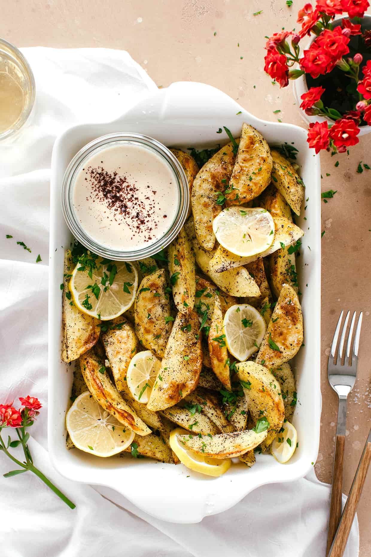 Sumac roasted potatoes with tahini dipping sauce