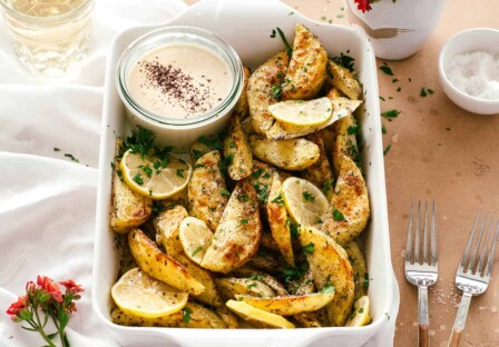 sumac roasted potatoes with tahini dipping sauce