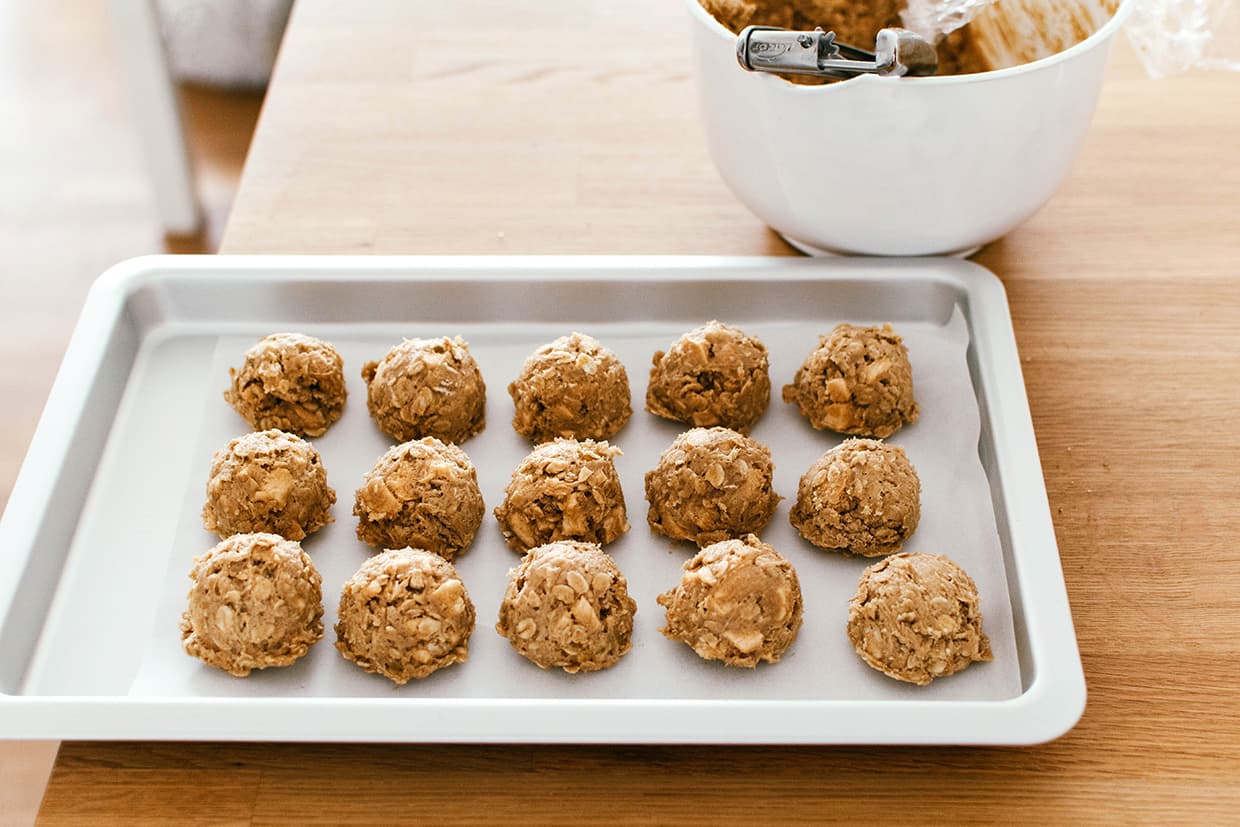 baking sheet with raw cookie dough balls