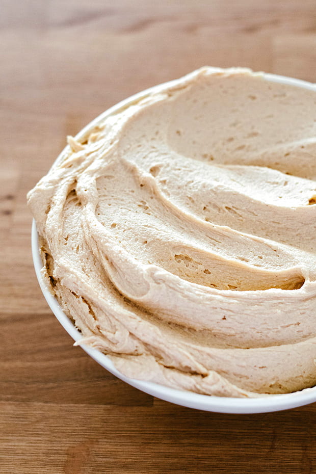 close view of peanut butter frosting piled in a bowl