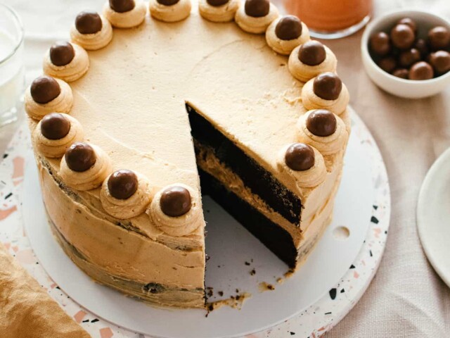 side view of beige peanut butter layer cake topped with chocolate malt balls