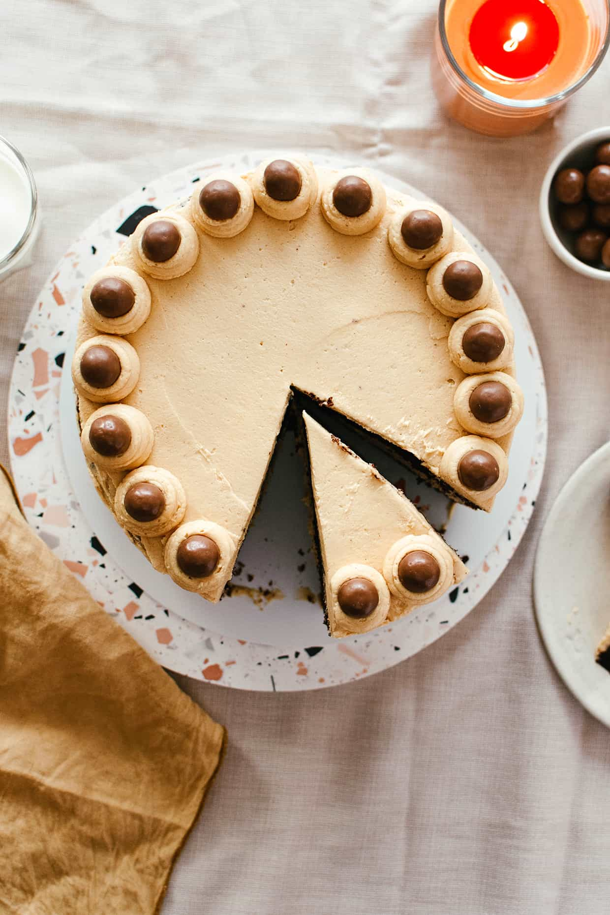 sliced chocolate cake with peanut butter