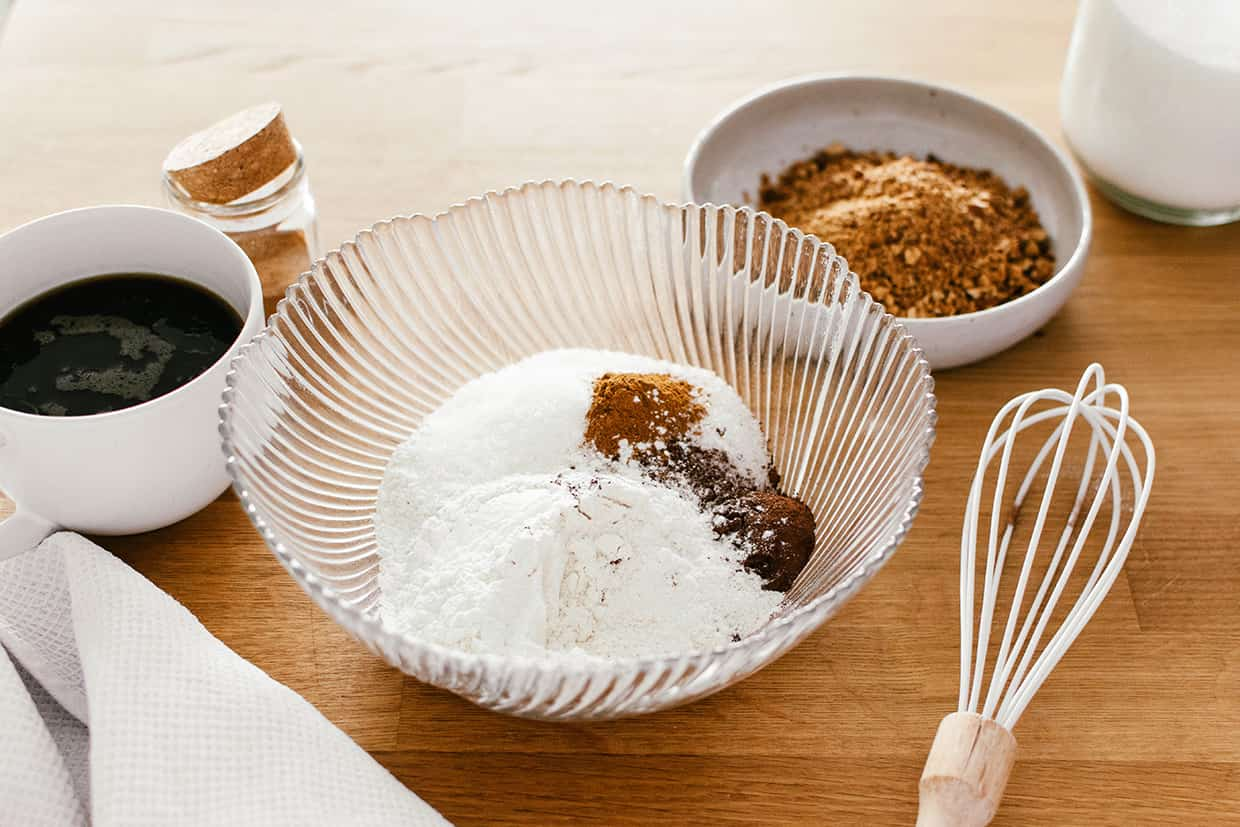 flour and baking spices in a glass bowl