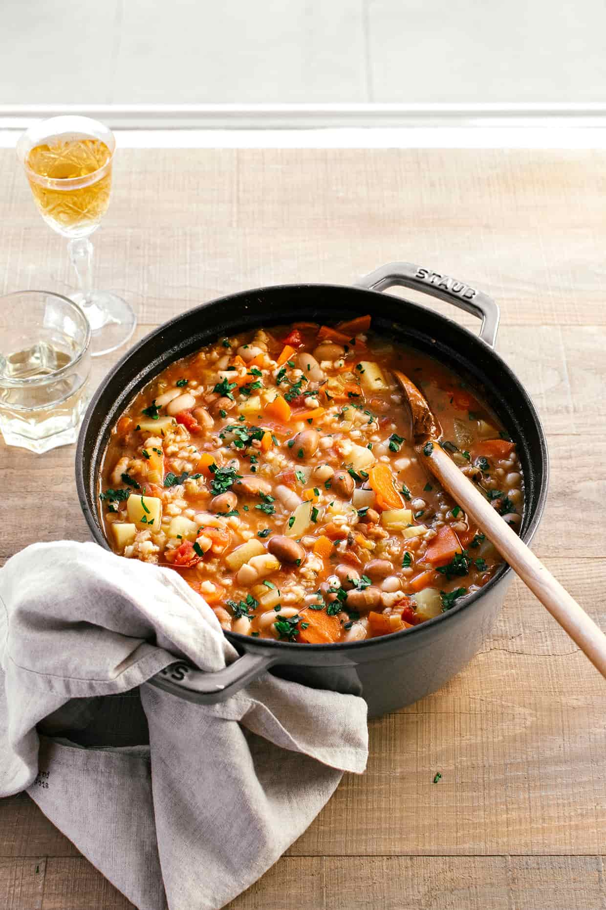 potato barley soup in dutch oven