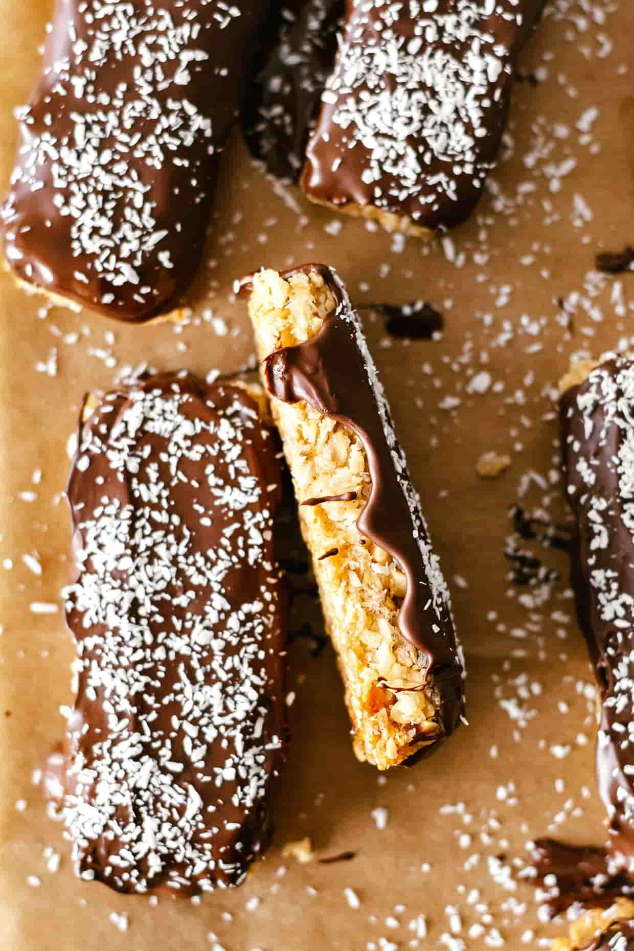 close view of chocolate dipped granola bars