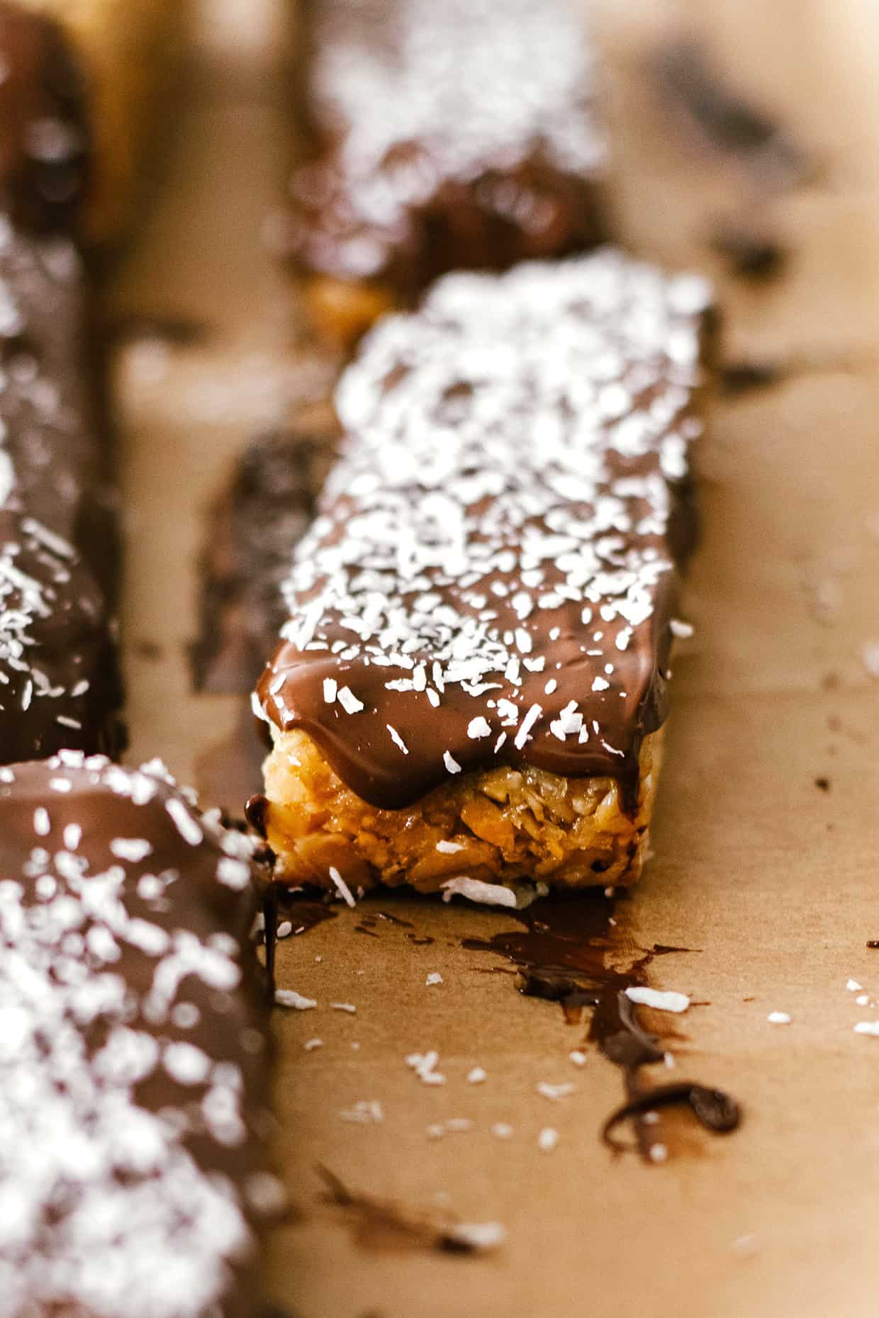 close view of chocolate covered granola bar