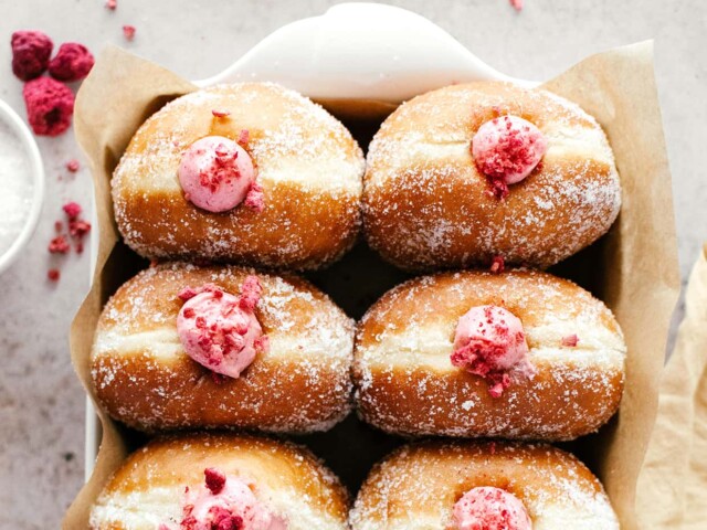 raspberry cheesecake brioche doughnuts