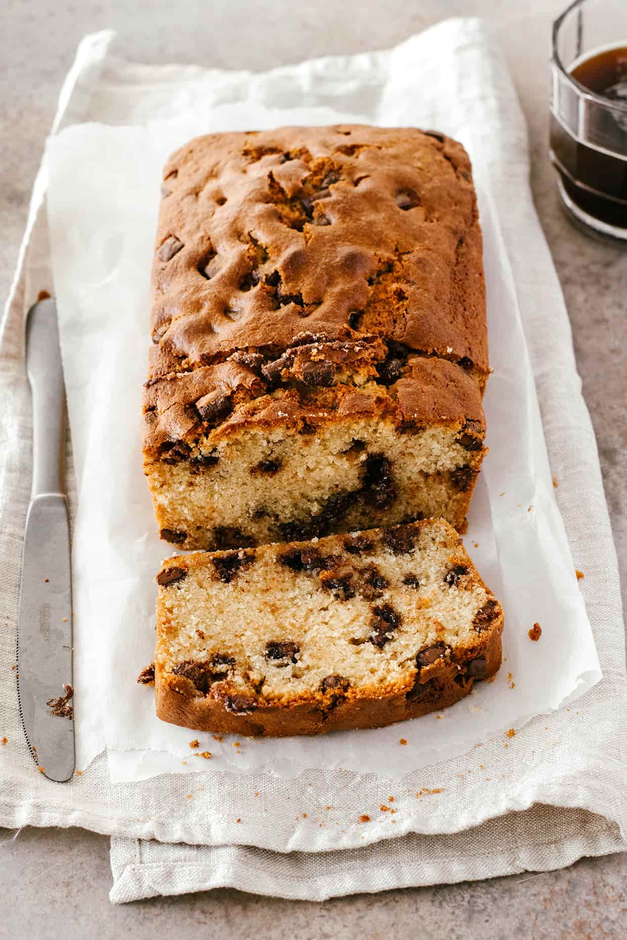 chocolate chip loaf cake sliced as seen from the front