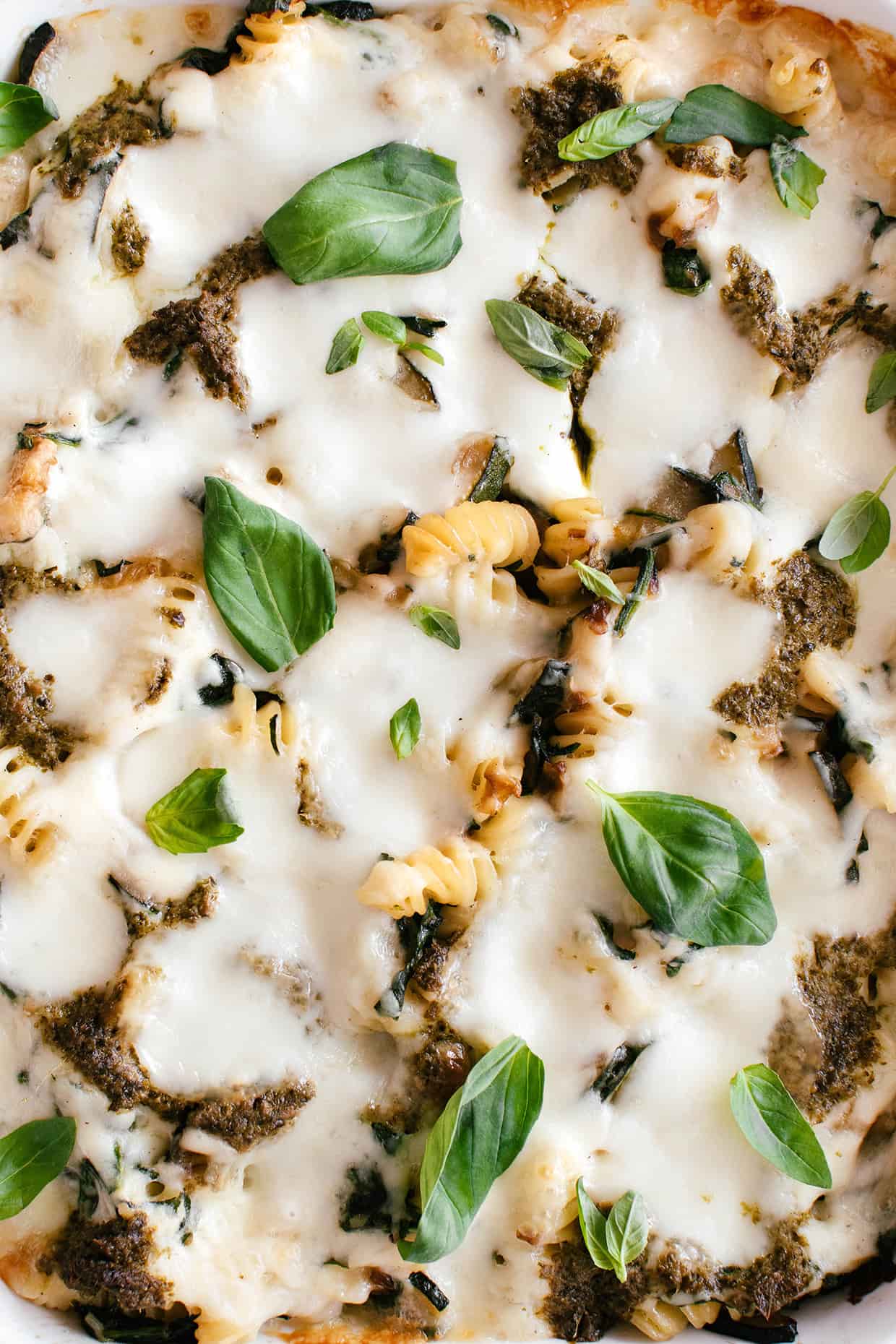 close view of melted cheese of vegetarian pasta bake