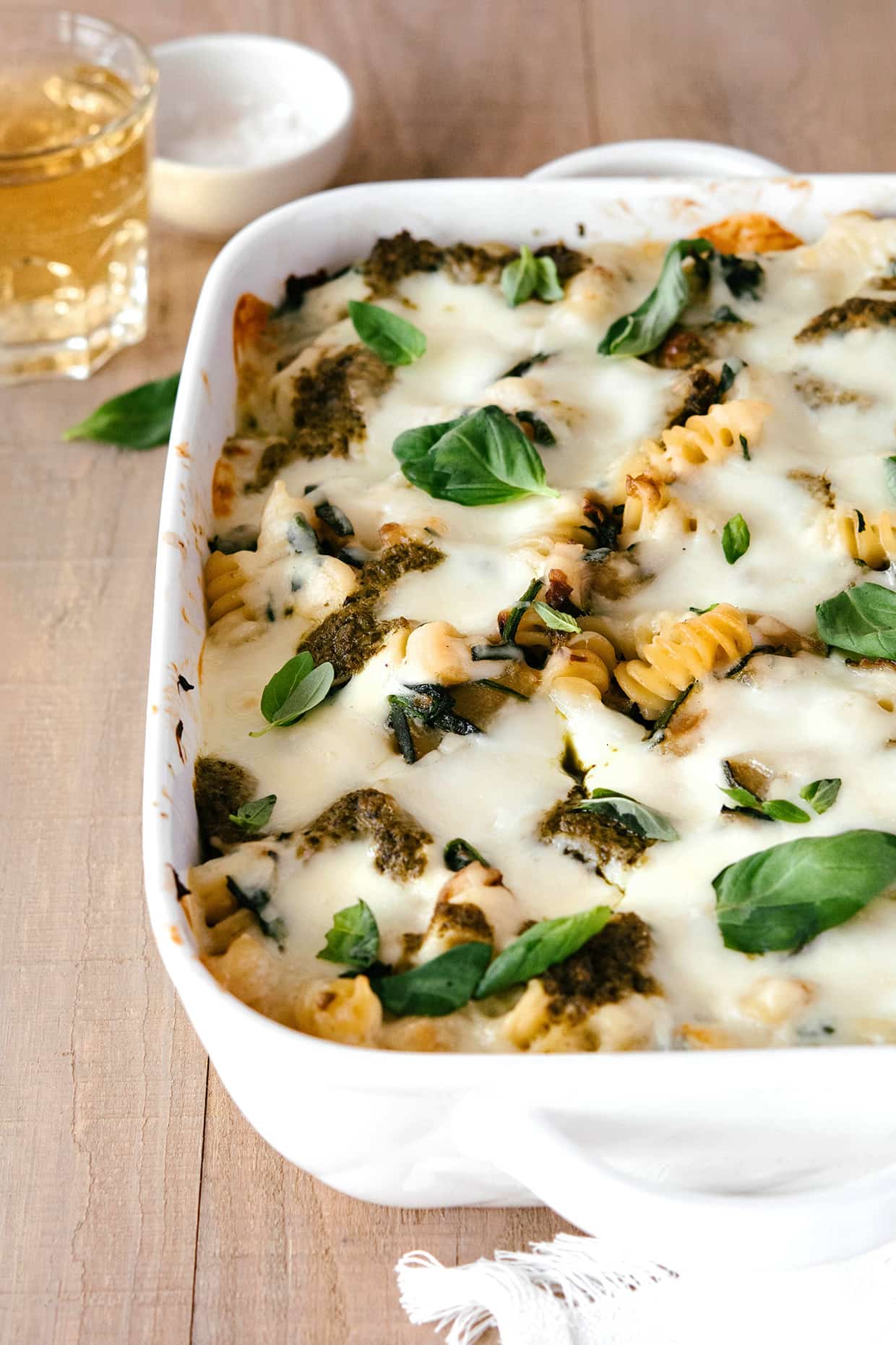 front view of vegetarian zucchini baked pasta