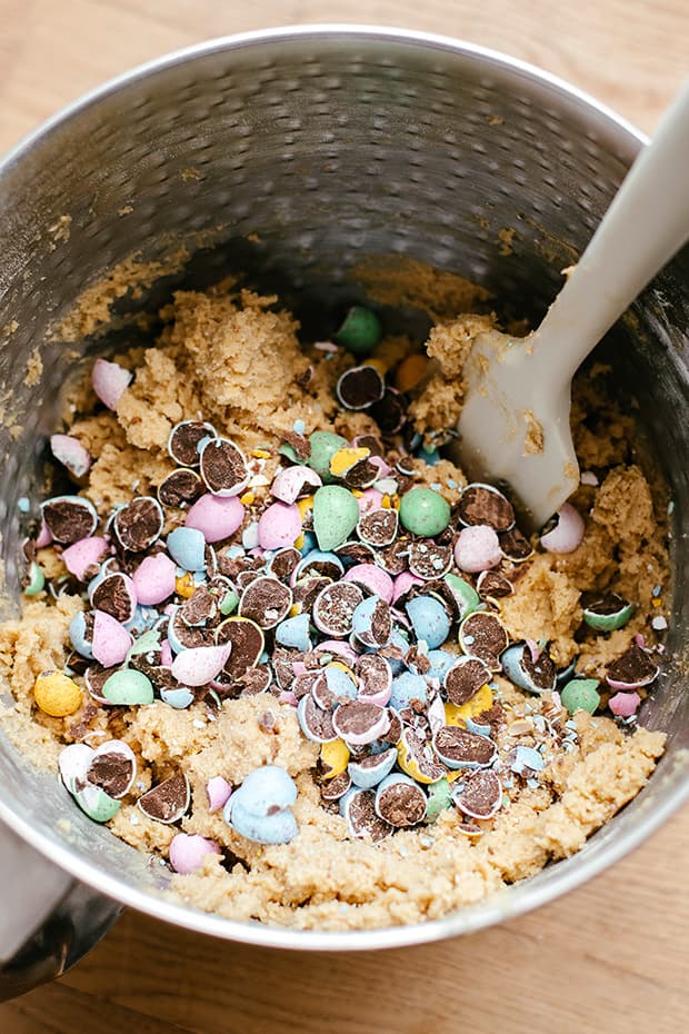 sliced mini eggs and raw cookie dough
