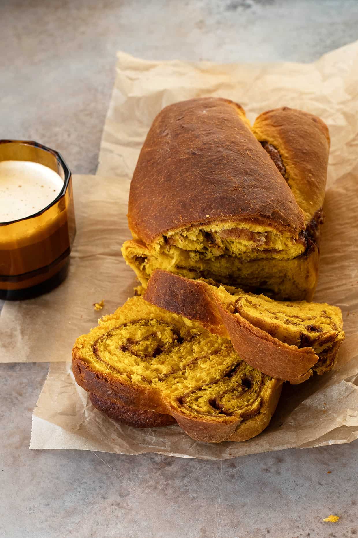 sliced rich cinnamon swirl pumpkin brioche bread