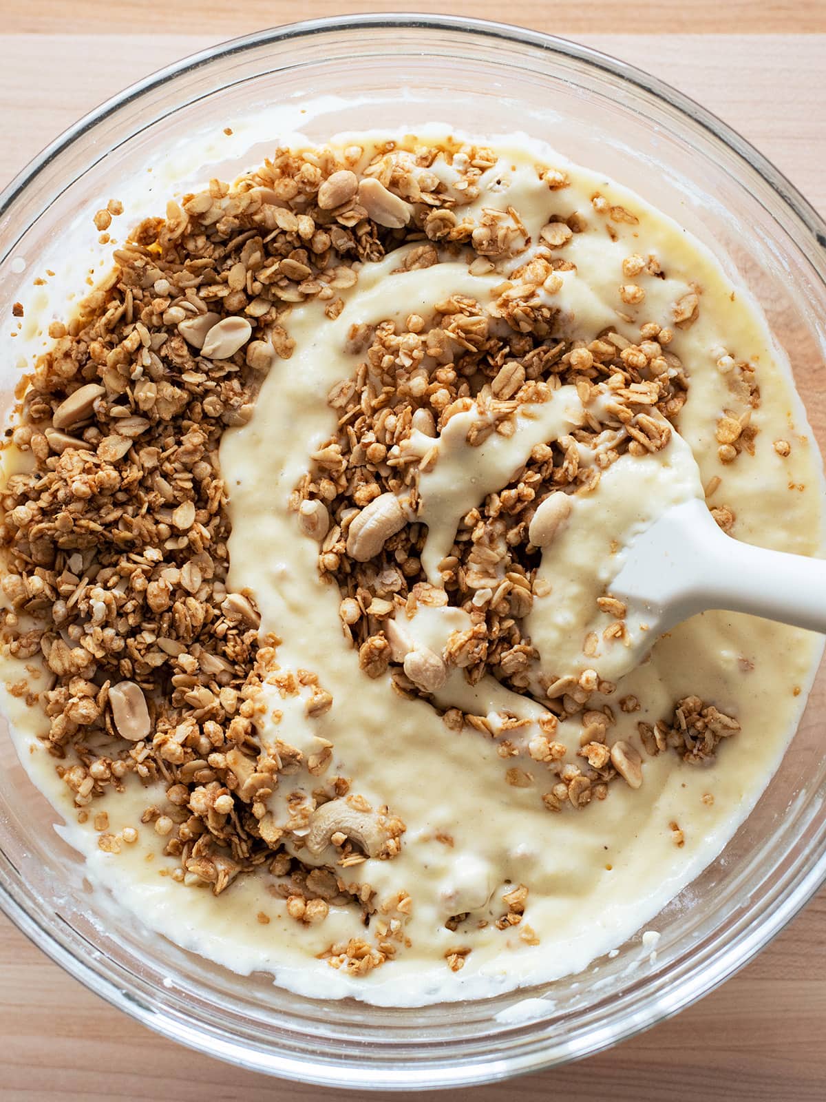 pancake batter with granola mixed in
