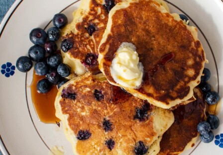 rich blueberry granola pancakes