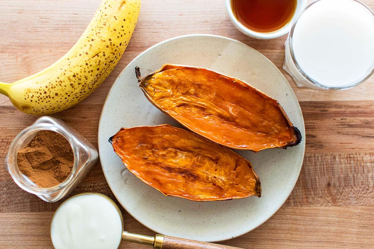 baked sweet potato halves and banana