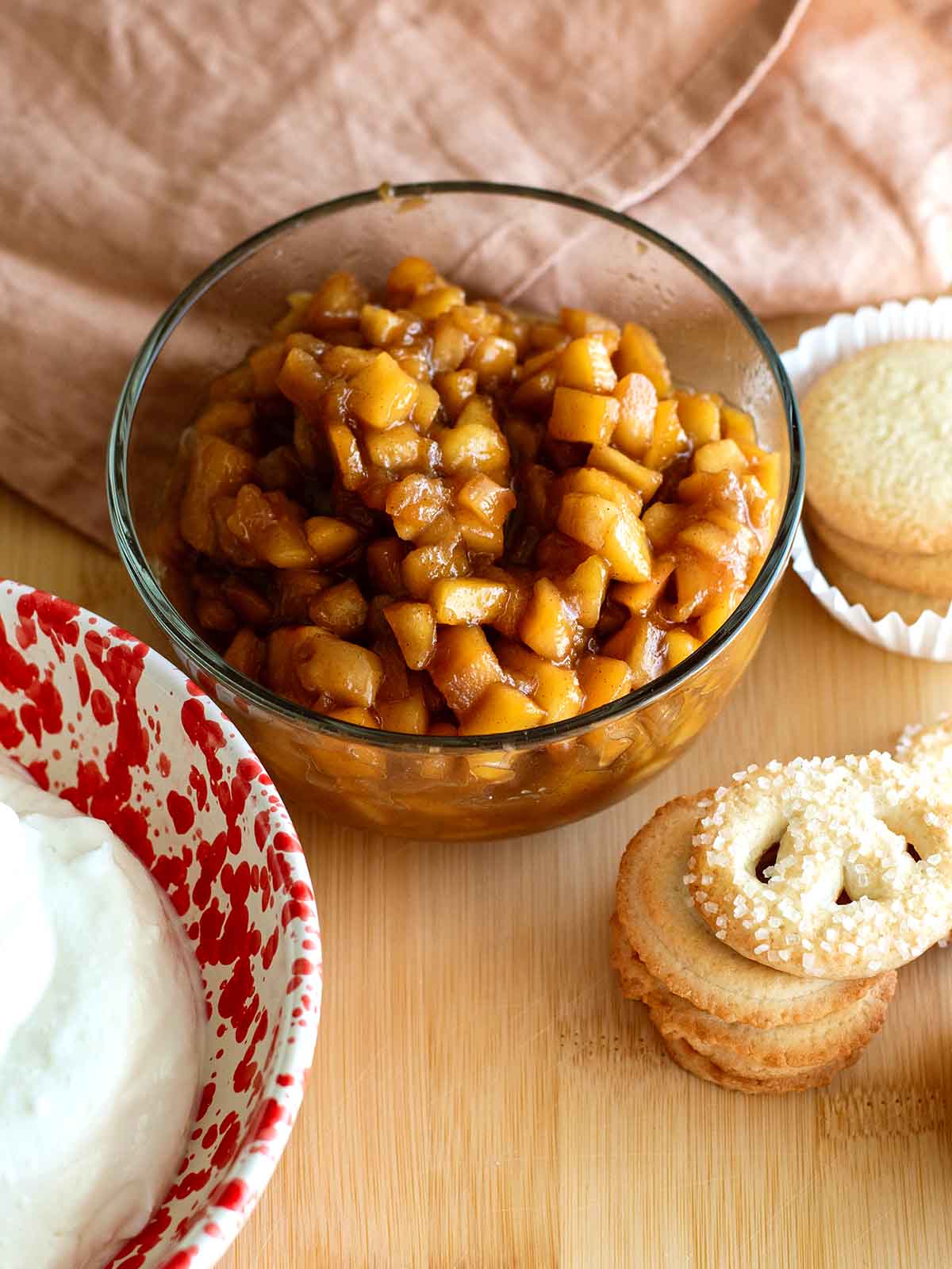 caramelized apples in a bowl and greek yogurt