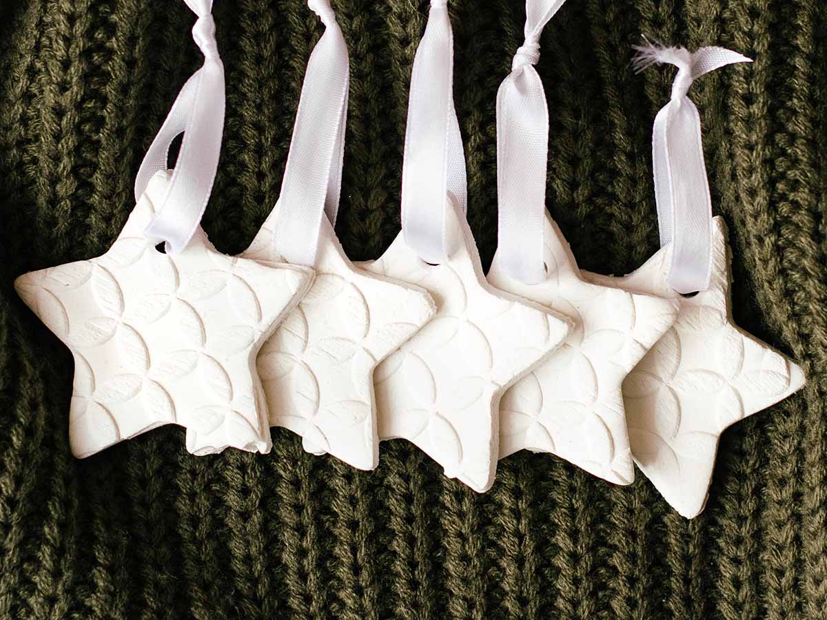 christmas baking soda cornstarch ornaments with ribbons
