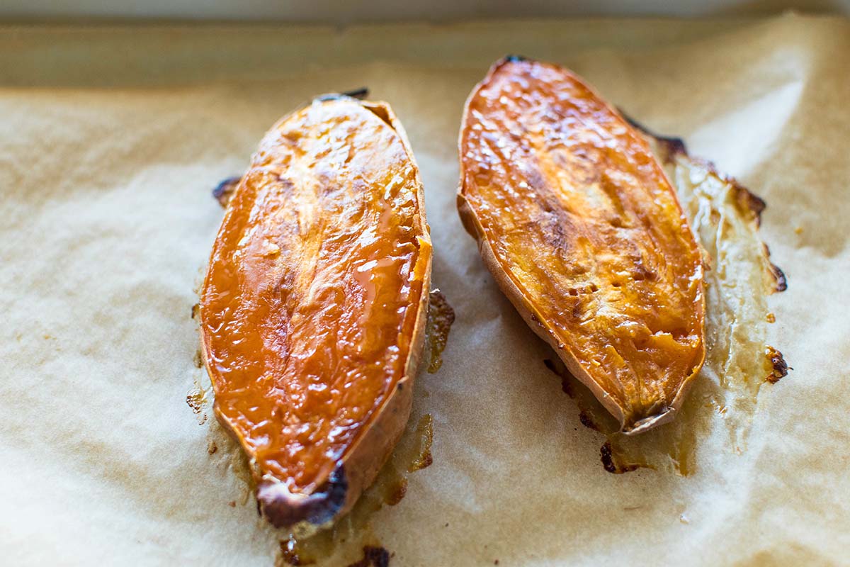 two baked sweet potato halves