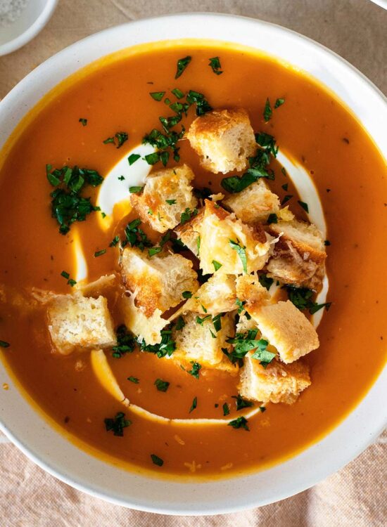 butternut squash soup with gruyere croutons