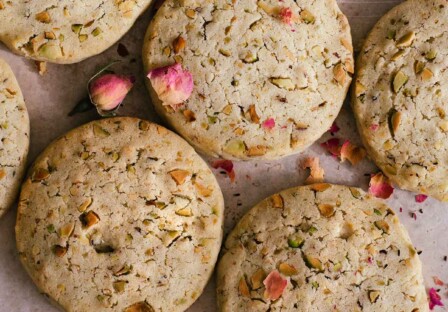 rose water pistachio shortbread cookies with dried roses