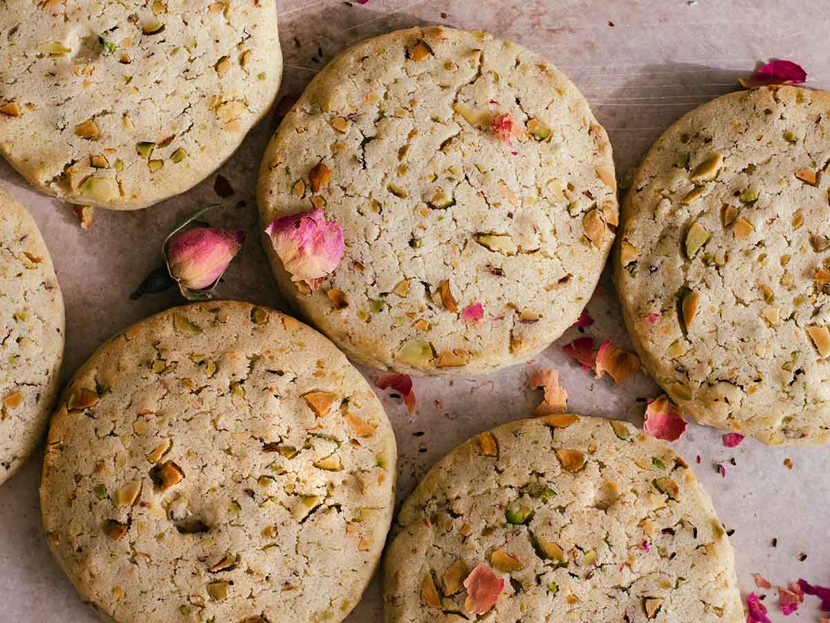 rosewater shortbread cookies with pistachios