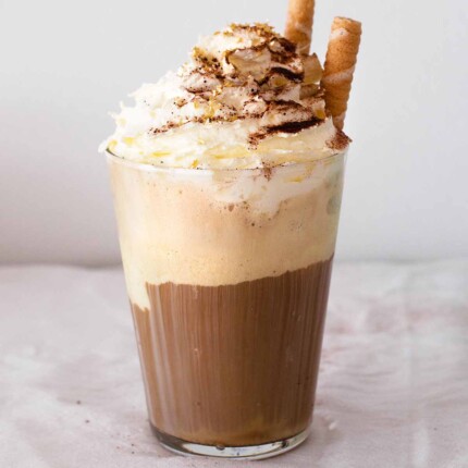 ice cream iced coffee with whipped cream and wafers